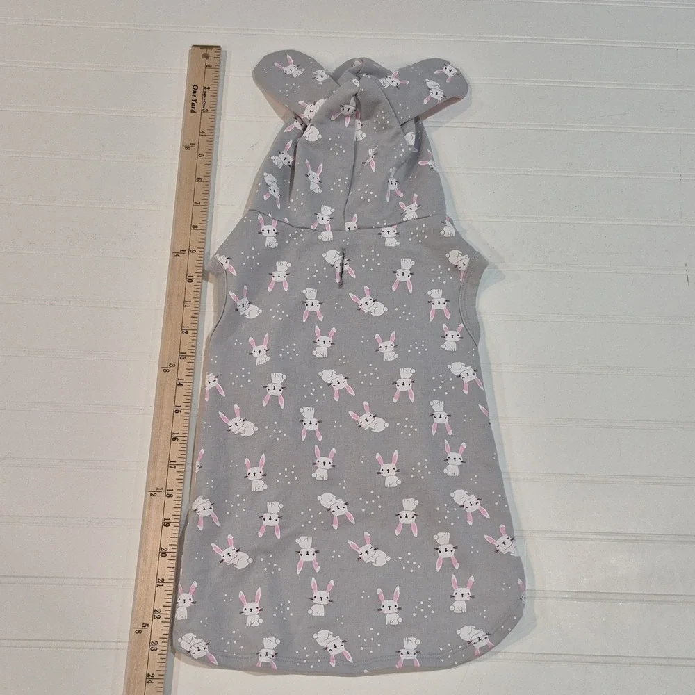 Large‎ Gray Bunny Print Dog Costume Hoodie Bunny Ears Leash Hole Cotton